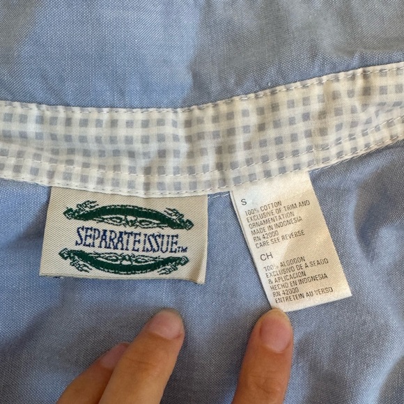 Separate Issue Floral Embroidered Button Down Shirt Size S Blue Gingham Trim - Picture 7 of 7